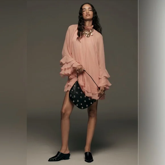 Anthropologie Let Me Be Long-Sleeve Ruffle Mini Dress - Pink Rose Medium